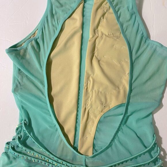 Glamour Custom solo dance costume lyrical mint aqua blue leotard stoned MA adult - Picture 6 of 11